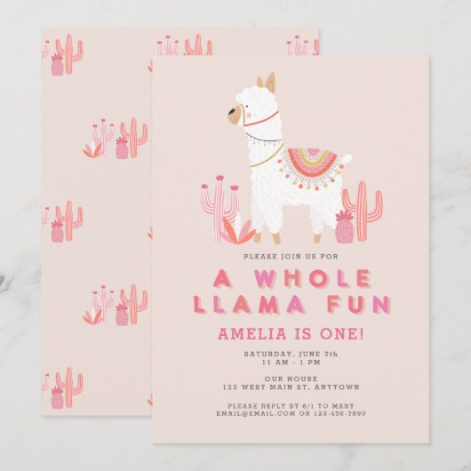 Cute Whole Llama Fun roze First Birthday Party Kaart (Voorkant / Achterkant)