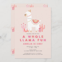 Cute Whole Llama Fun roze First Birthday Party Kaart
