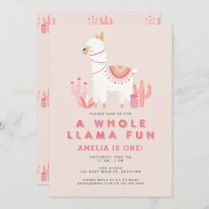 Cute Whole Llama Fun roze First Birthday Party Kaart