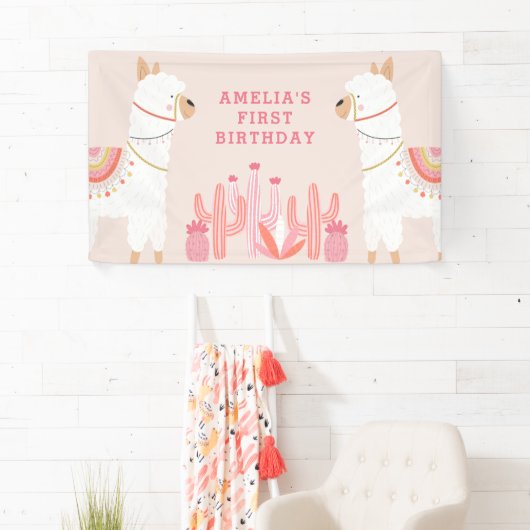 Cute Whole Llama Fun roze First Birthday Party Spandoek (Insitu)