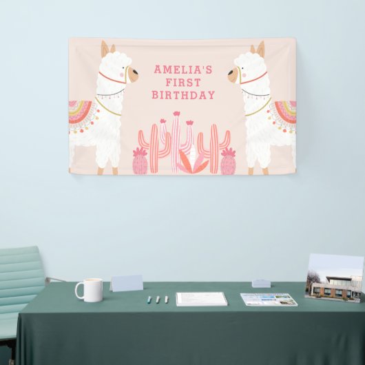 Cute Whole Llama Fun roze First Birthday Party Spandoek (Beurs)