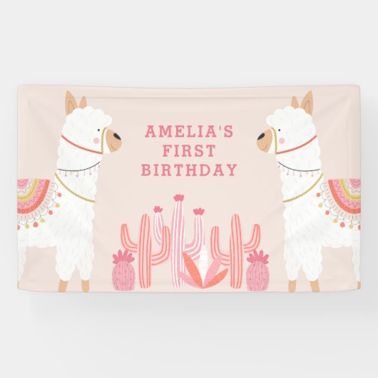 Cute Whole Llama Fun roze First Birthday Party Spandoek (Horizontaal)