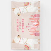 Cute Whole Llama Fun roze First Birthday Party Spandoek (Verticaal)