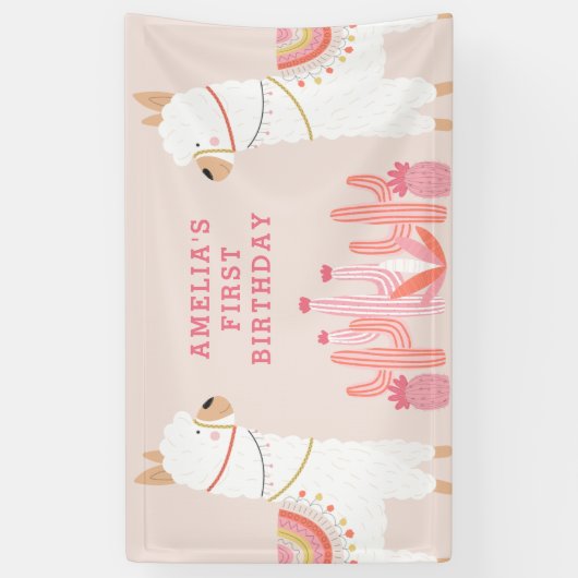 Cute Whole Llama Fun roze First Birthday Party Spandoek (Verticaal)