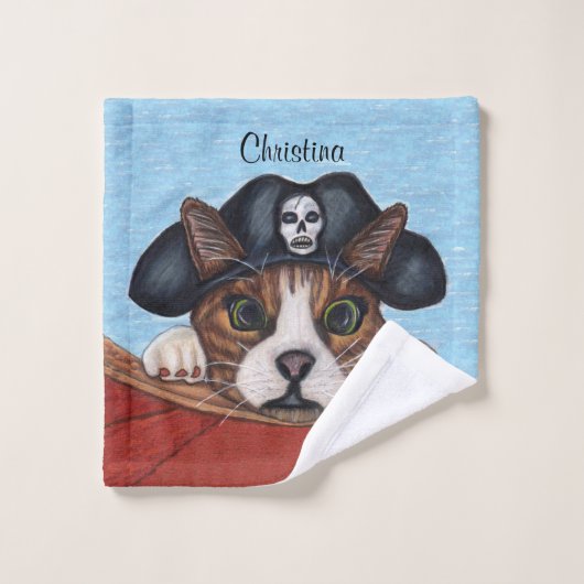 Cute Wide Eyed Brown Cat Pirate Hat Red Boat Washandje (Wasdoekje)