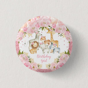 Cute Wild Animals Blush Pink Floral Birthday Girl Ronde Button 3,2 Cm