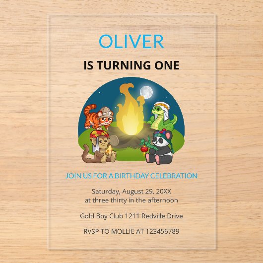 Cute Wild Animals Campfire Kids 1st Birthday Acryl Uitnodigingen (Voorkant)