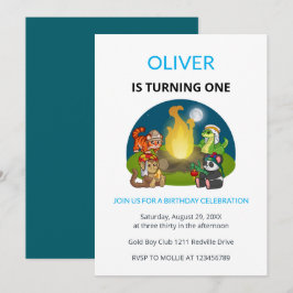 Cute Wild Animals Campfire Kids First Birthday Kaart