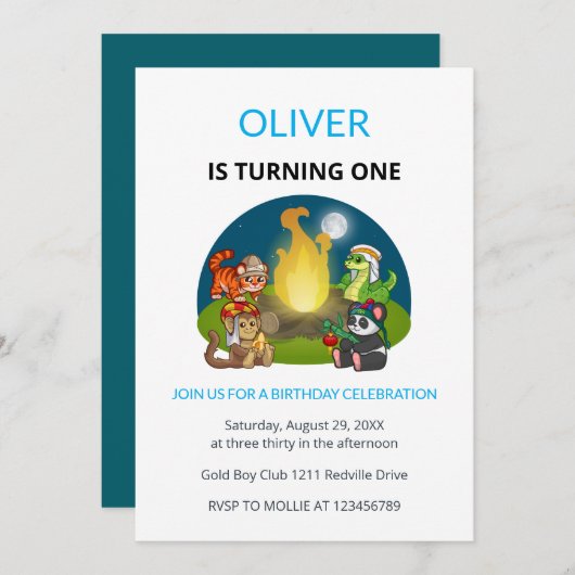 Cute Wild Animals Campfire Kids First Birthday Kaart (Voorkant / Achterkant)