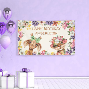 Cute Wild Animals Giraffe Flowers Happy Birthday Spandoek