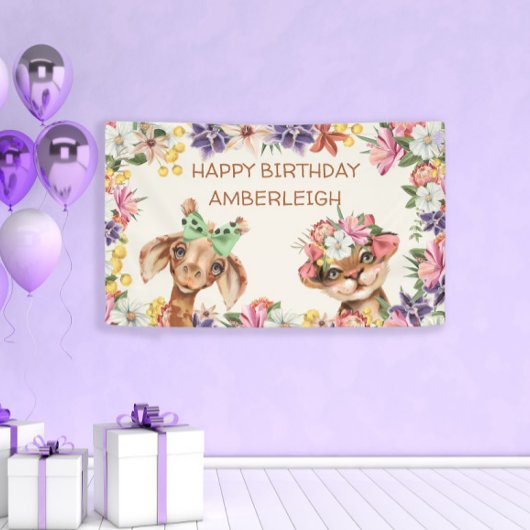 Cute Wild Animals Giraffe Flowers Happy Birthday Spandoek