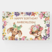 Cute Wild Animals Giraffe Flowers Happy Birthday Spandoek (Horizontaal)