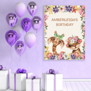 Cute Wild Animals Giraffe Tiger Girl's Birthday Poster