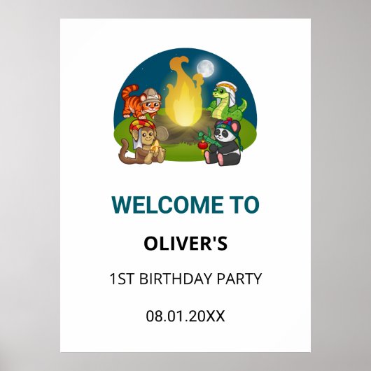 Cute Wild Animals Jungle Camping Birthday Welcome Poster (Voorkant)