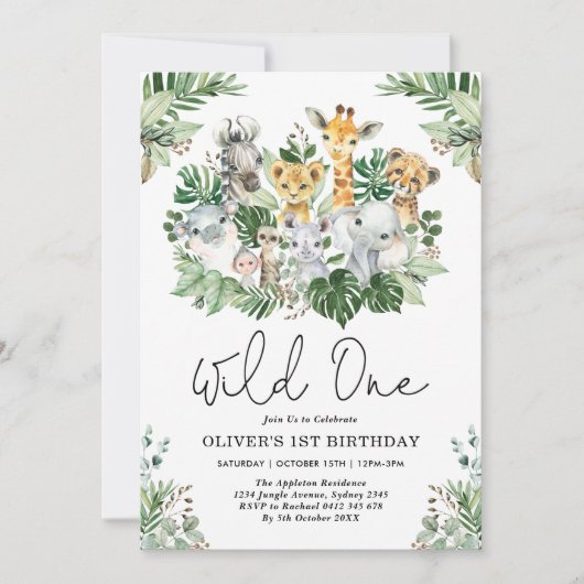 Cute Wild One 1st Birthday Oerwoud Safari Animals Kaart (Voorkant)