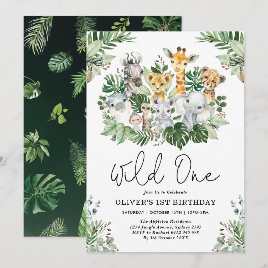 Cute Wild One 1st Birthday Oerwoud Safari Animals Kaart (Voorkant / Achterkant)