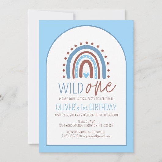 Cute Wild ONE Boho Rainbow Blue Boy Birthday 1st Kaart (Voorkant)