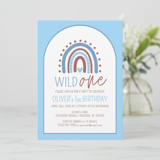 Cute Wild ONE Boho Rainbow Blue Boy Birthday 1st Kaart (Staand voorkant)