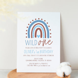 Cute Wild ONE Boho Rainbow Blue Boy Birthday 1st Kaart