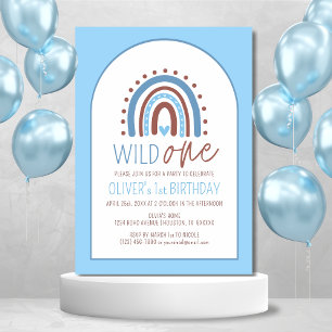 Cute Wild ONE Boho Rainbow Blue Boy Birthday 1st Kaart