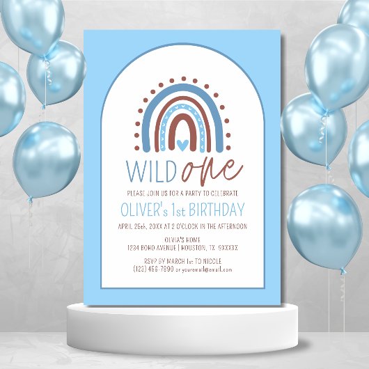 Cute Wild ONE Boho Rainbow Blue Boy Birthday 1st Kaart