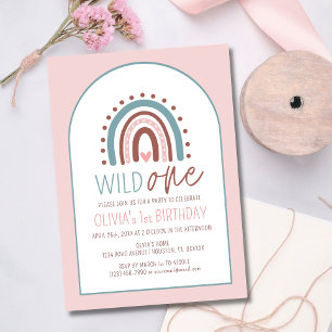 Cute Wild ONE Boho Rainbow Pink Girl Birthday 1st Kaart
