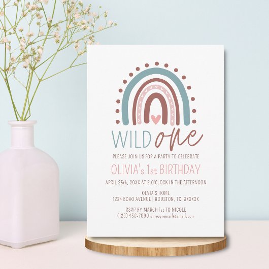 Cute Wild ONE Boho Rainbow Pink Girl Birthday 1st Kaart