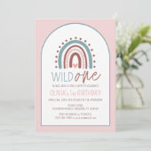 Cute Wild ONE Boho Rainbow Pink Girl Birthday 1st Kaart (Staand voorkant)