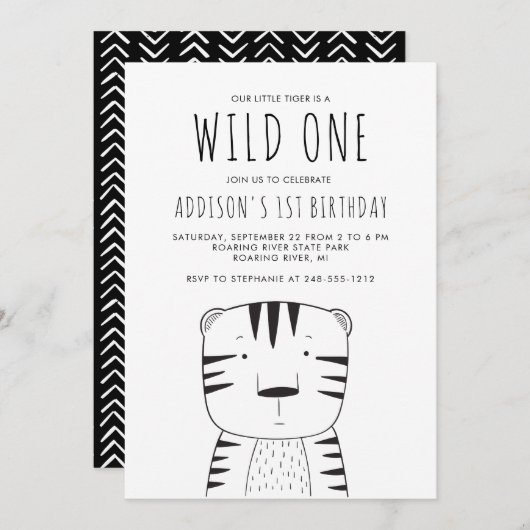 Cute Wild One First Birthday Black White Tiger Kaart (Voorkant / Achterkant)