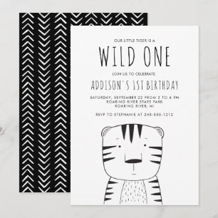 Cute Wild One First Birthday Black White Tiger Kaart