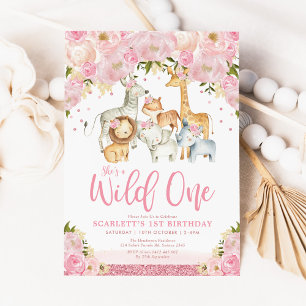 Cute Wild One Girl Safari Animals 1e verjaardag Kaart