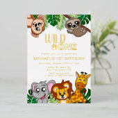 Cute Wild One Oerwoud Safari Animals First Birthda Folie Uitnodiging (Staand Voorkant)