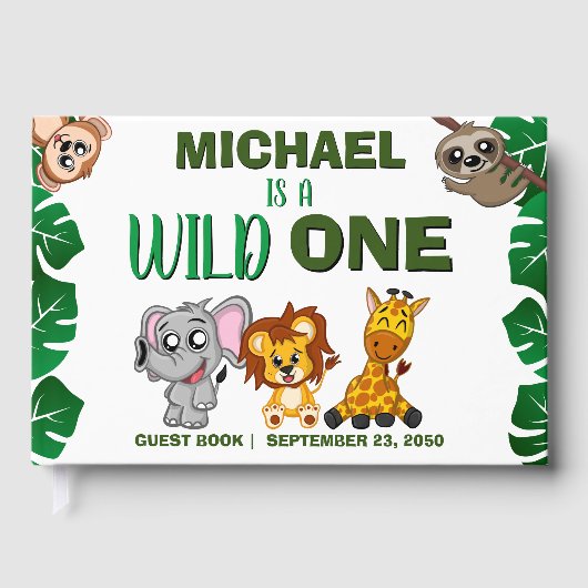 Cute Wild One Oerwoud Safari Animals First Birthda Gastenboek (Voorkant)