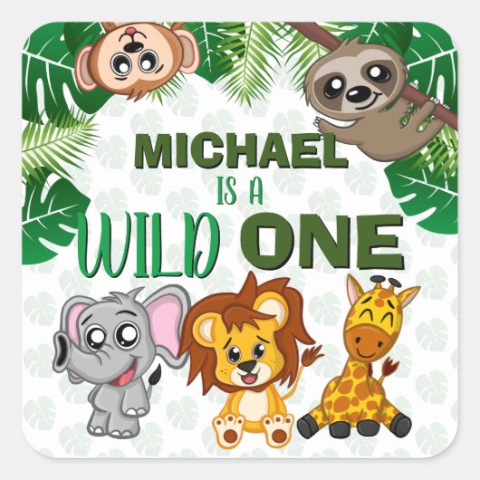 Cute Wild One Oerwoud Safari Animals First Birthda Vierkante Sticker (Voorkant)