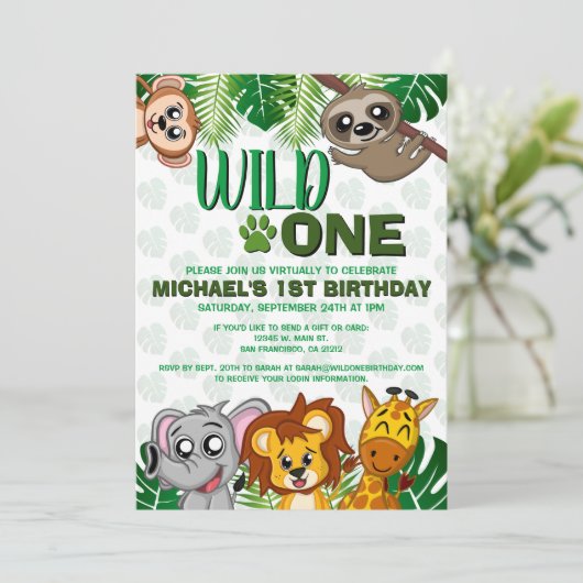 Cute Wild One Oerwoud Safari Virtual First Birthda Kaart (Staand voorkant)