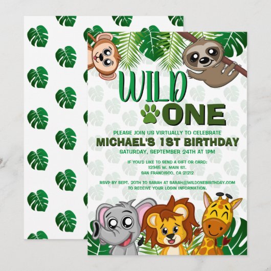 Cute Wild One Oerwoud Safari Virtual First Birthda Kaart (Voorkant / Achterkant)