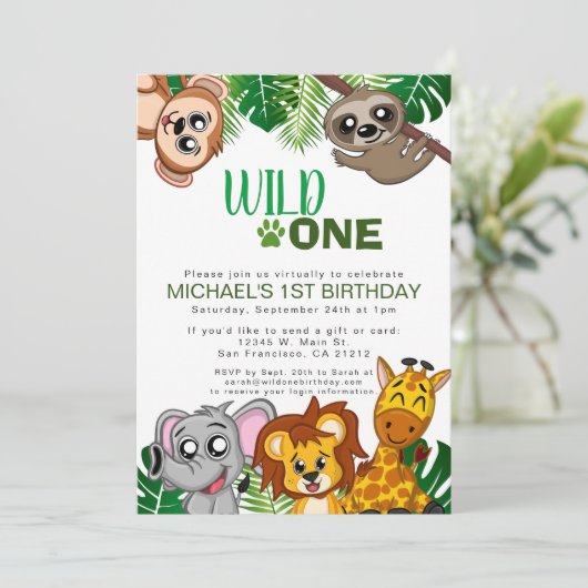 Cute Wild One Oerwoud Safari Virtual First Birthda Kaart (Staand voorkant)
