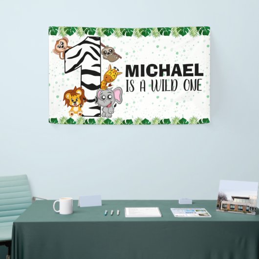 Cute Wild One Safari Oerwoud Animals 1e verjaardag Spandoek (Beurs)