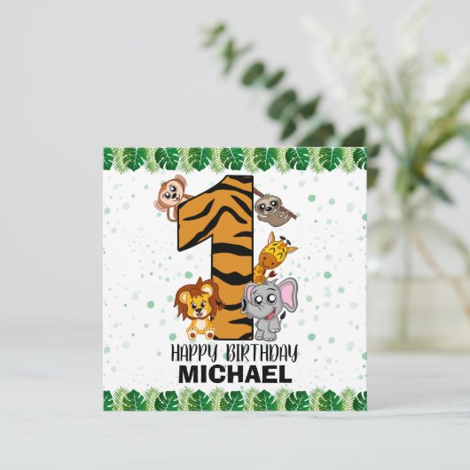 Cute Wild One Safari Oerwoud Animals First Birthda (Staand voorkant)