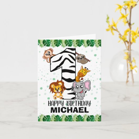 Cute Wild One Safari Oerwoud Animals First Birthda Kaart (Gele Bloem)