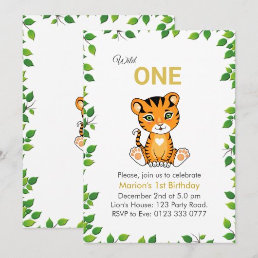Cute Wild One Tiger 1e verjaardag Uitnodiging (Voorkant / Achterkant)