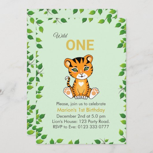 Cute Wild One Tiger 1e verjaardag Uitnodiging (Voorkant / Achterkant)