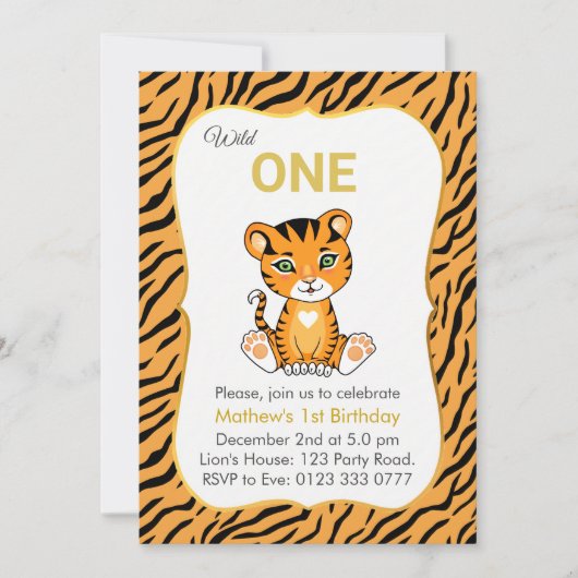 Cute Wild One Tiger 1e verjaardag Uitnodiging (Voorkant)