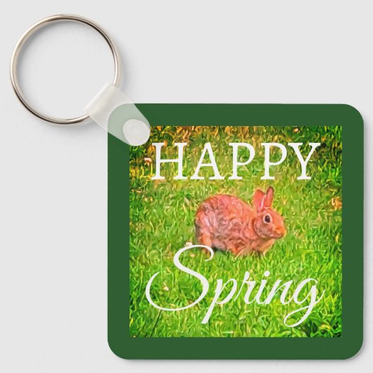 Cute Wild Rabbit Photo Dark Green Happy Spring Sleutelhanger (Voorkant)