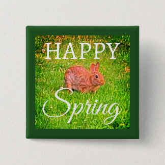 Cute Wild Rabbit Photo Dark Green Happy Spring Vierkante Button 5,1 Cm