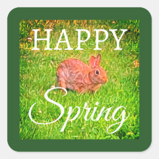 Cute Wild Rabbit Photo Dark Green Happy Spring Vierkante Sticker