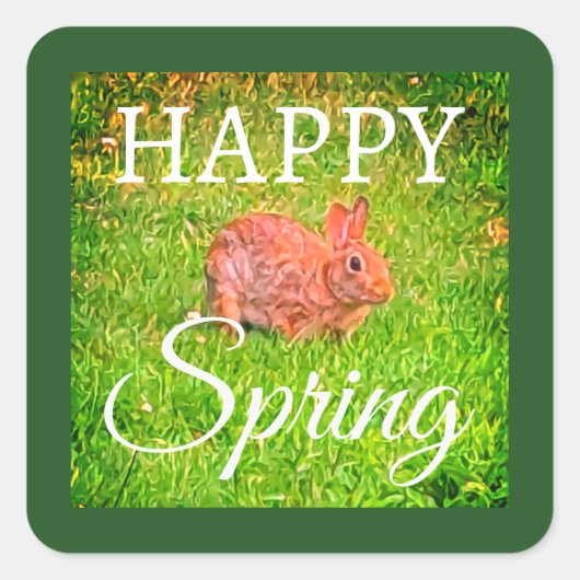Cute Wild Rabbit Photo Dark Green Happy Spring Vierkante Sticker (Voorkant)