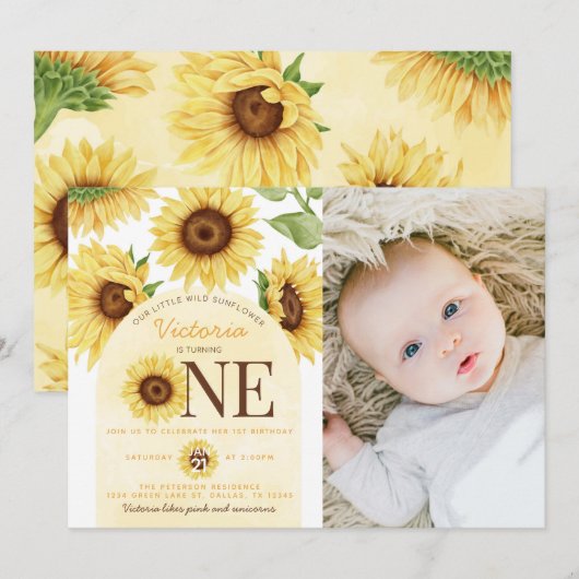 Cute Wild Sunflower die 1 ^ e verjaardag gaat vier Kaart (Voorkant / Achterkant)