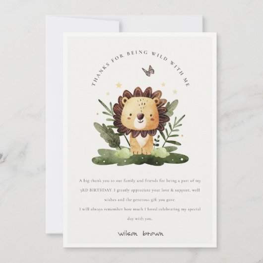 Cute Wild Tropical Oerwoud Animal Lion Birthday Bedankkaart (Voorkant)