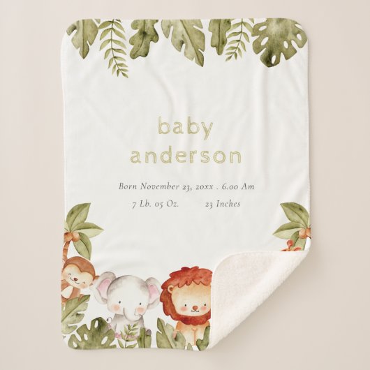 Cute Wild Tropical Safari Animals Baby Birth Stats Sherpa Deken (Voorkant)